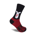 A pair of black and red crew socks feature a bold white 'F-bomb' graphic on the leg and smaller repeated prints on the foot.