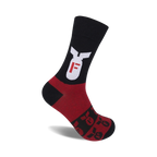 A pair of black and red crew socks feature a bold white 'F-bomb' graphic on the leg and smaller repeated prints on the foot.