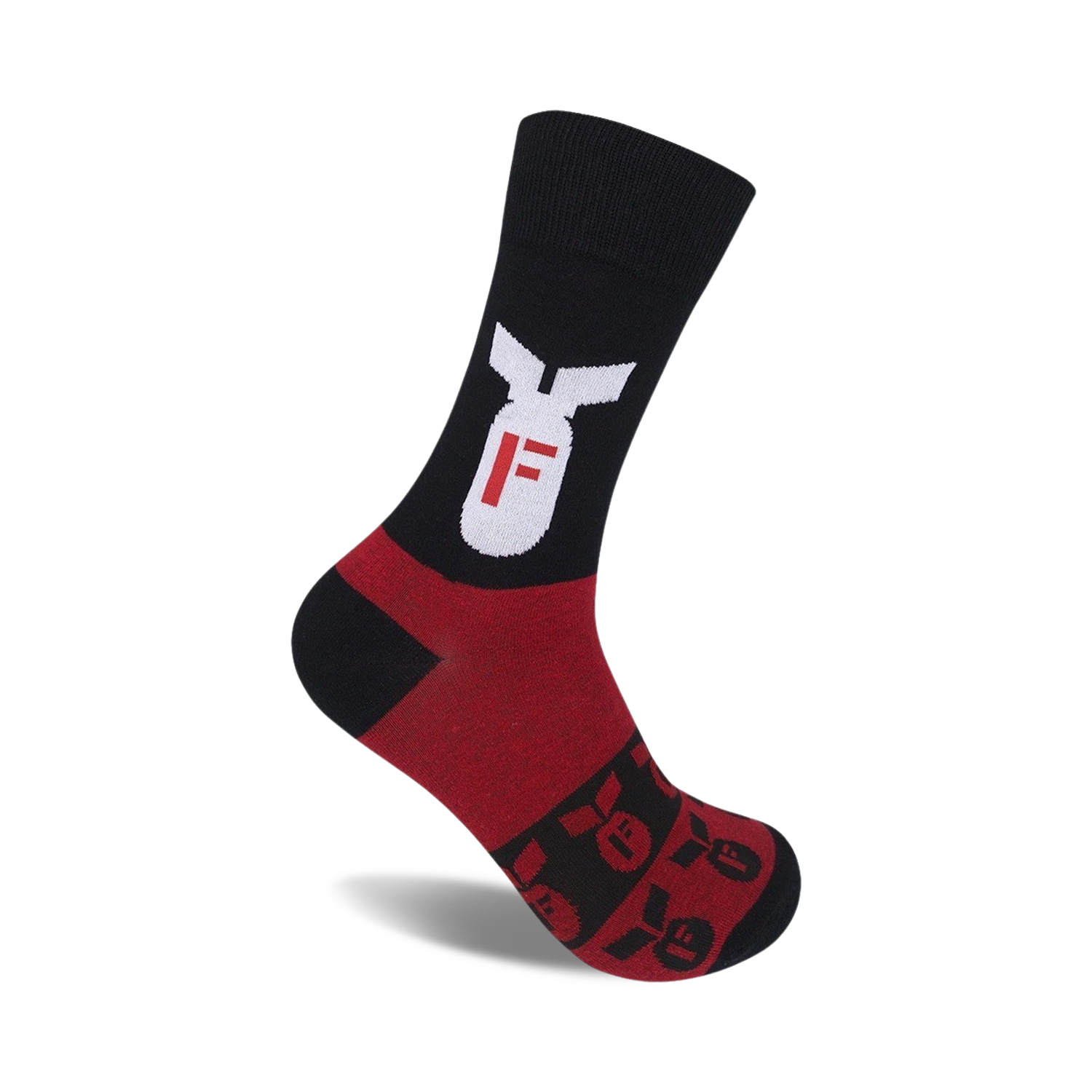 A pair of black and red crew socks feature a bold white 'F-bomb' graphic on the leg and smaller repeated prints on the foot.