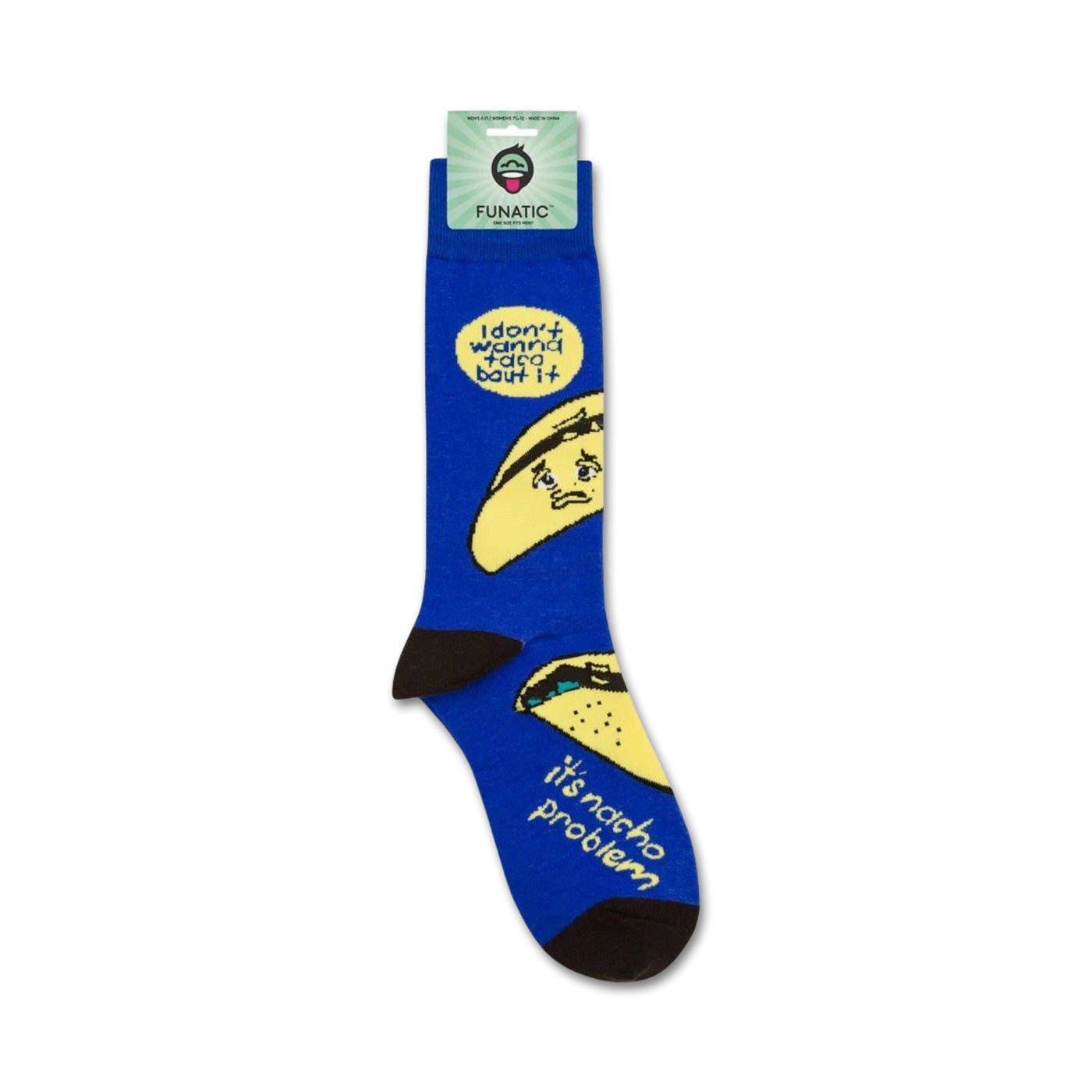 Product shot of 'I Don't Wanna Taco 'Bout It' socks on a white background, showing packaging.