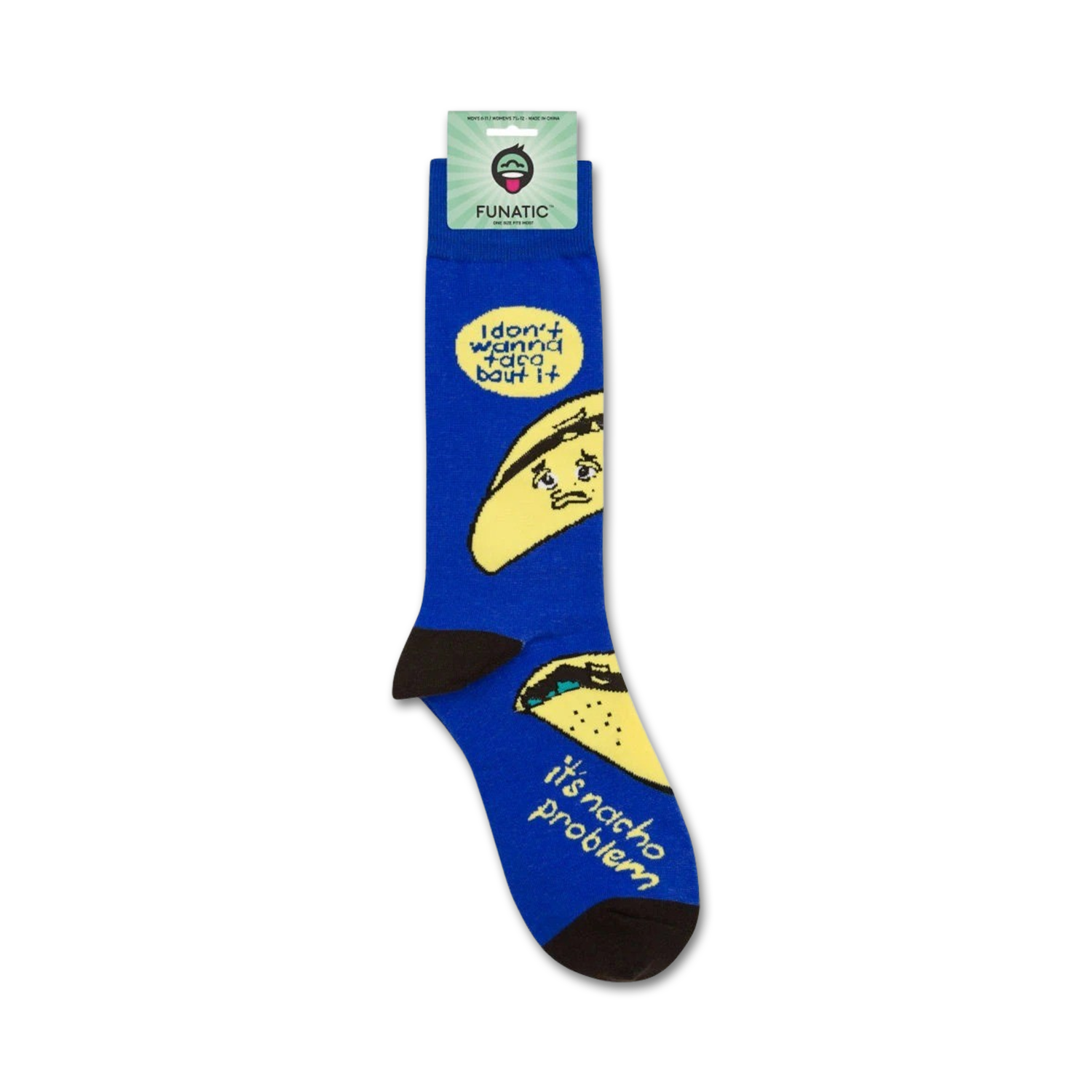 Product shot of 'I Don't Wanna Taco 'Bout It' socks on a white background, showing packaging.