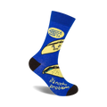 Crew socks in blue with a fun taco pun: 'I don't wanna taco 'bout it, it's nacho problem.'  Features cartoon tacos and yellow text.