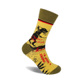 Crew socks in yellow and olive green, showcasing a black silhouette of a person riding a dinosaur, with the text 'If history repeats itself...' and 'I'm getting a dinosaur.'