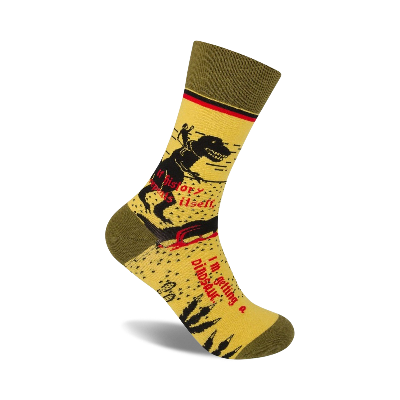 Crew socks in yellow and olive green, showcasing a black silhouette of a person riding a dinosaur, with the text 'If history repeats itself...' and 'I'm getting a dinosaur.'