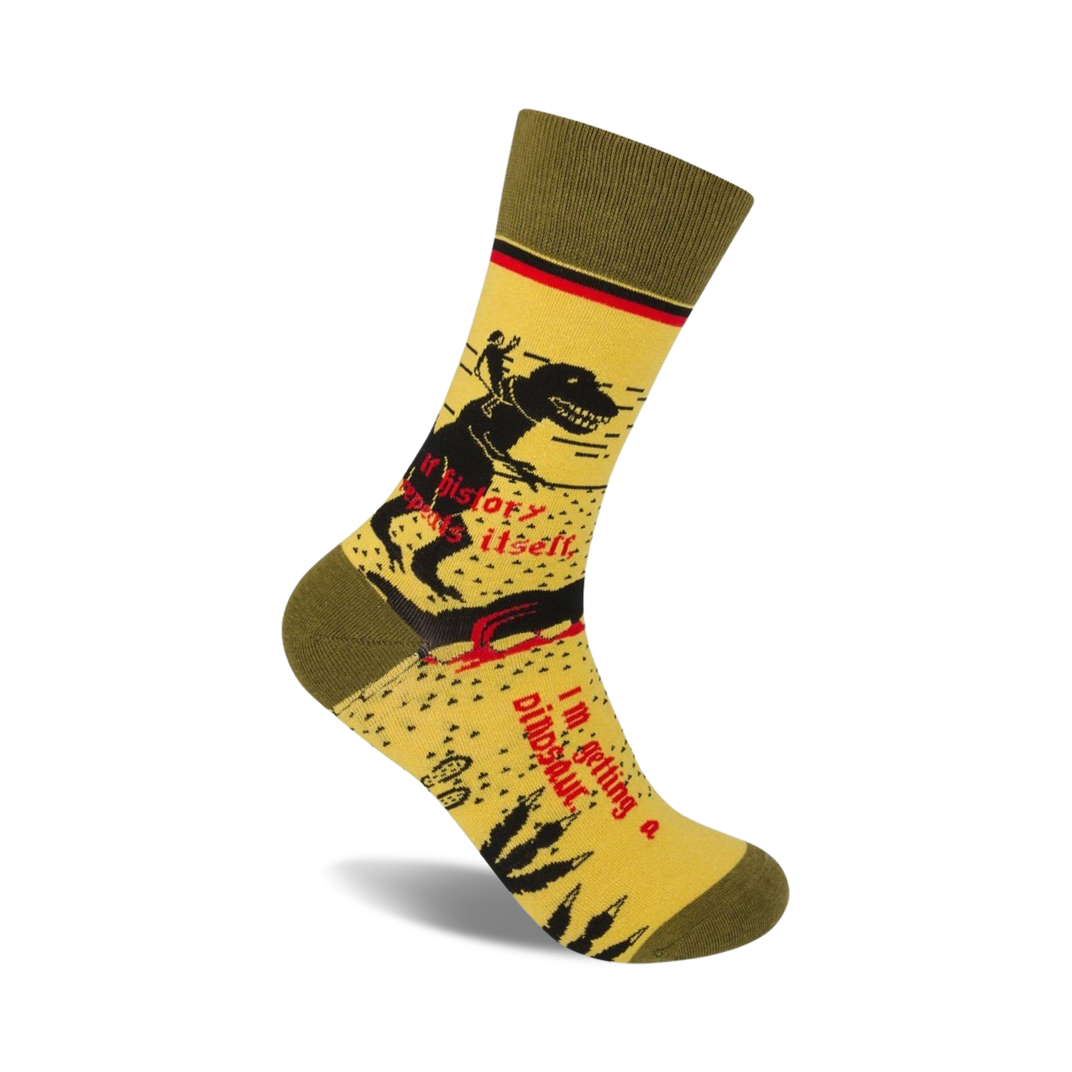 Crew socks in yellow and olive green, showcasing a black silhouette of a person riding a dinosaur, with the text 'If history repeats itself...' and 'I'm getting a dinosaur.'