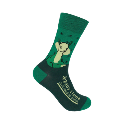 Crew socks in green and dark green featuring a cute baby llama illustration and the text 'Baby Llama don't need no drama'.
