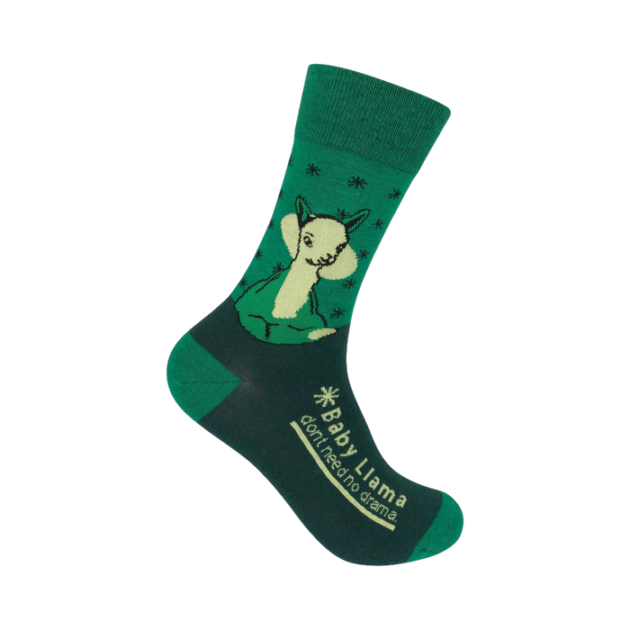 Crew socks in green and dark green featuring a cute baby llama illustration and the text 'Baby Llama don't need no drama'. }}