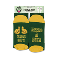 Product shot showing socks packaged on a card.  Green and gold color scheme is visible.