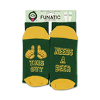 Product shot showing socks packaged on a card.  Green and gold color scheme is visible.