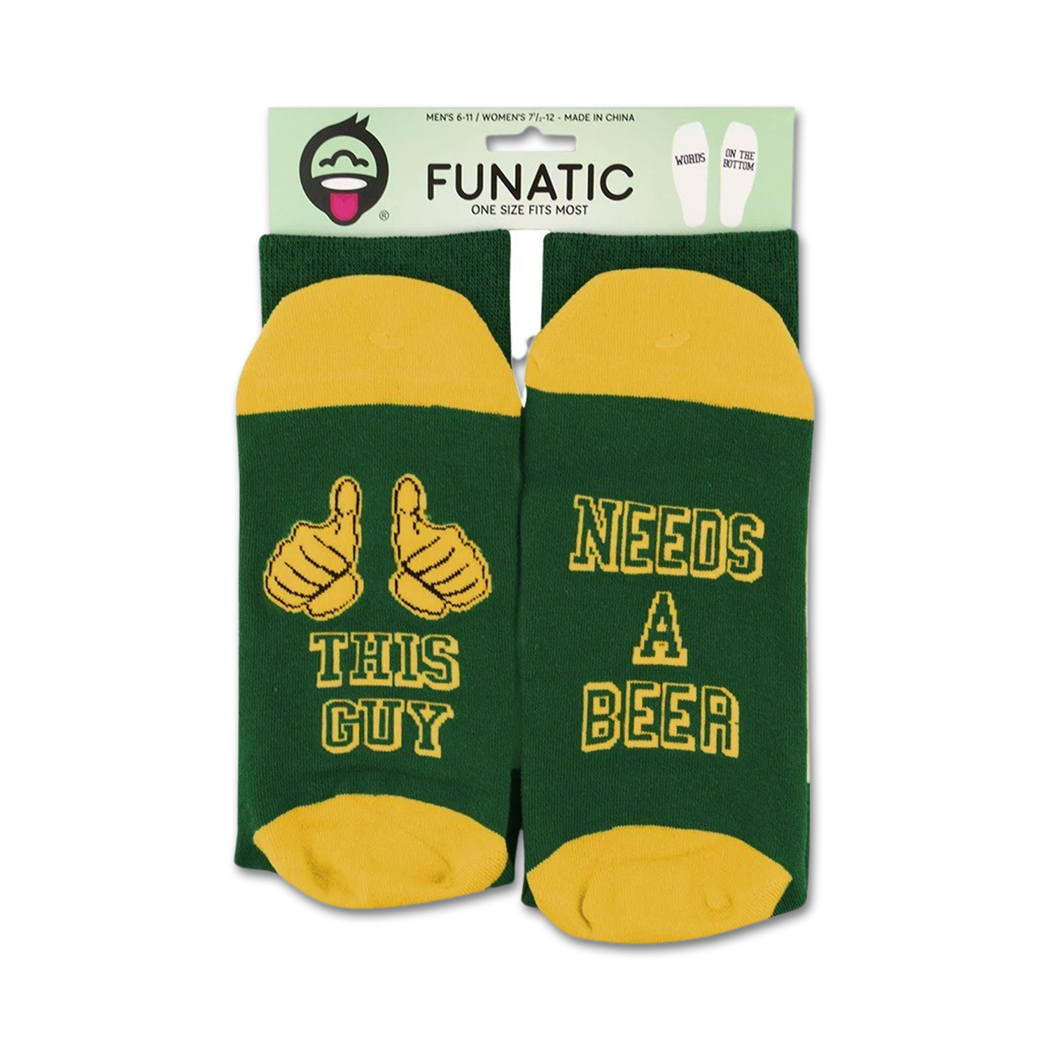 Product shot showing socks packaged on a card.  Green and gold color scheme is visible.