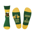 Crew socks in green and gold. One sock shows a beer mug, the other says 'This Guy Needs A Beer'.