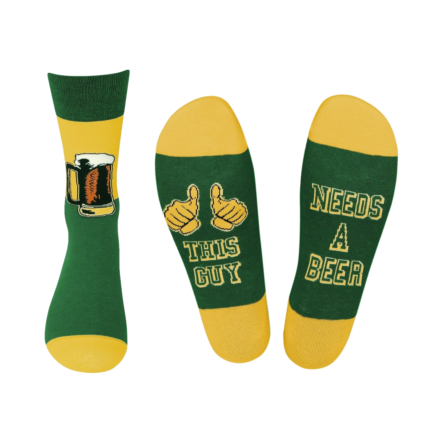 Crew socks in green and gold. One sock shows a beer mug, the other says 'This Guy Needs A Beer'.