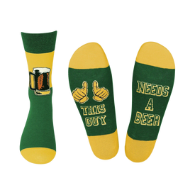 mens' crew socks with "this guy needs a beer" and beer stein pattern in green and gold.  
