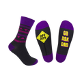 Crew socks in black with purple accents. One sock features geometric stripes, the other says 'Off Duty' and 'Go Ask Dad'.