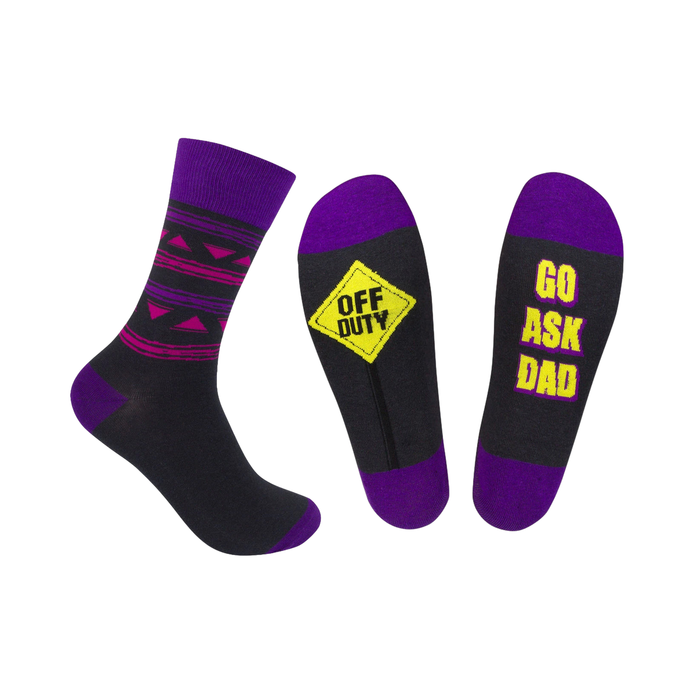 Crew socks in black with purple accents. One sock features geometric stripes, the other says 'Off Duty' and 'Go Ask Dad'.