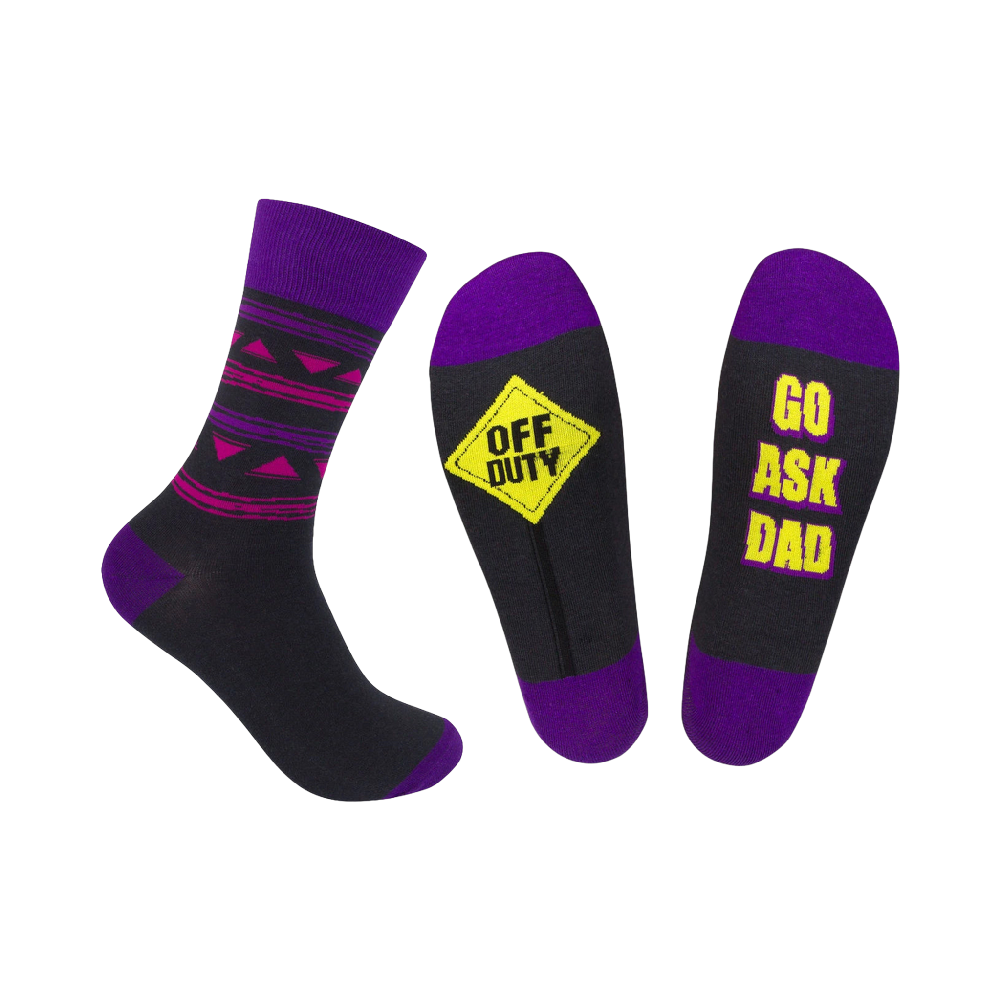 Crew socks in black with purple accents. One sock features geometric stripes, the other says 'Off Duty' and 'Go Ask Dad'.
