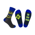 A pair of crew socks; one dark gray with yellow and blue geometric pattern, the other dark gray with 'Go Ask Mom' in yellow. Both have blue cuffs.