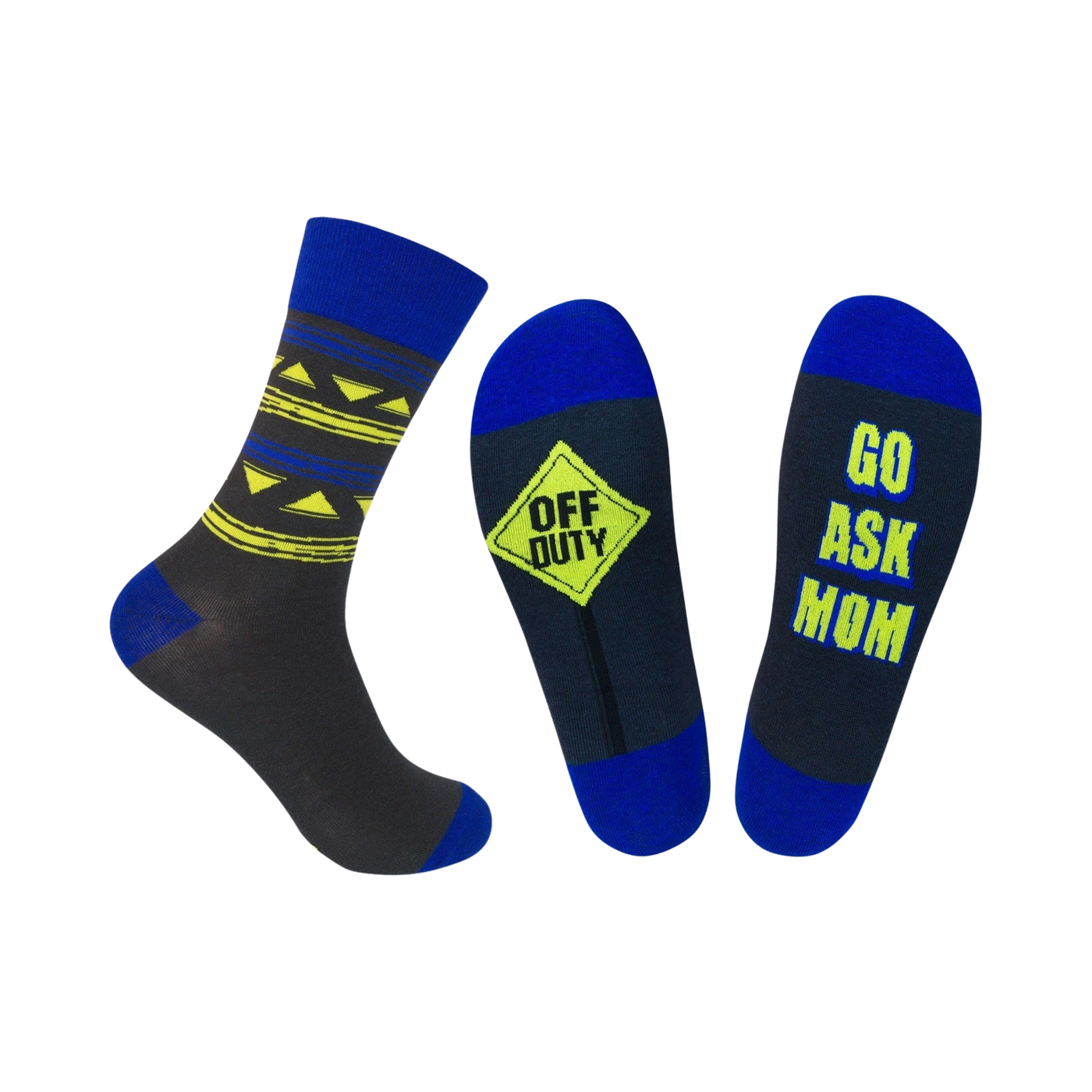 A pair of crew socks; one dark gray with yellow and blue geometric pattern, the other dark gray with 'Go Ask Mom' in yellow. Both have blue cuffs.