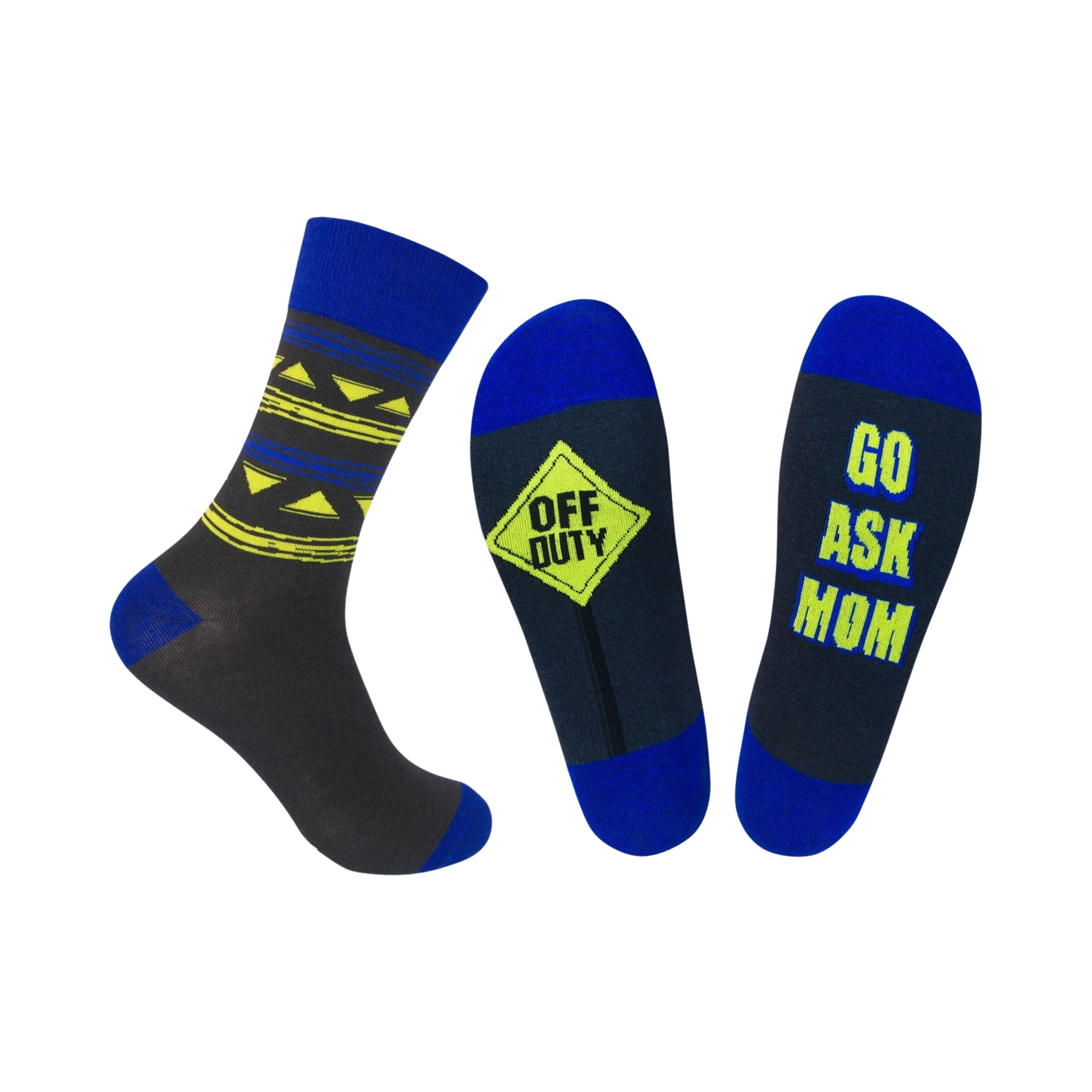 A pair of crew socks; one dark gray with yellow and blue geometric pattern, the other dark gray with 'Go Ask Mom' in yellow. Both have blue cuffs.