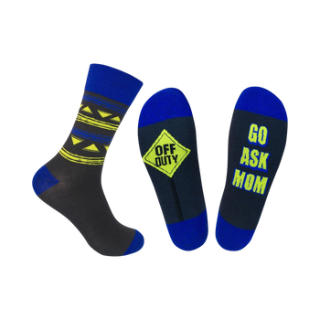 socks for dads reading 'off duty' on one sock and 'go ask mom' on the other. a perfect father's day gift. crew length.  