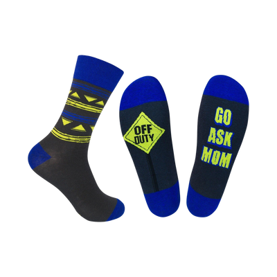 socks for dads reading 'off duty' on one sock and 'go ask mom' on the other. a perfect father's day gift. crew length.  