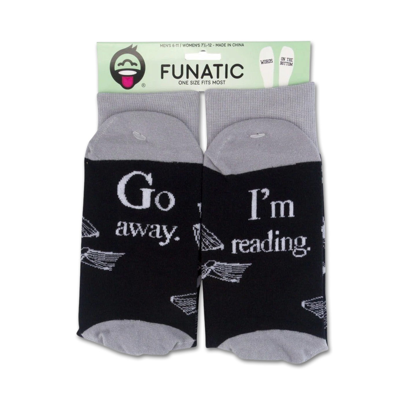 Product packaging of 'Go Away I'm Reading' socks showing the full design on both socks.