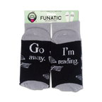 Product packaging of 'Go Away I'm Reading' socks showing the full design on both socks.