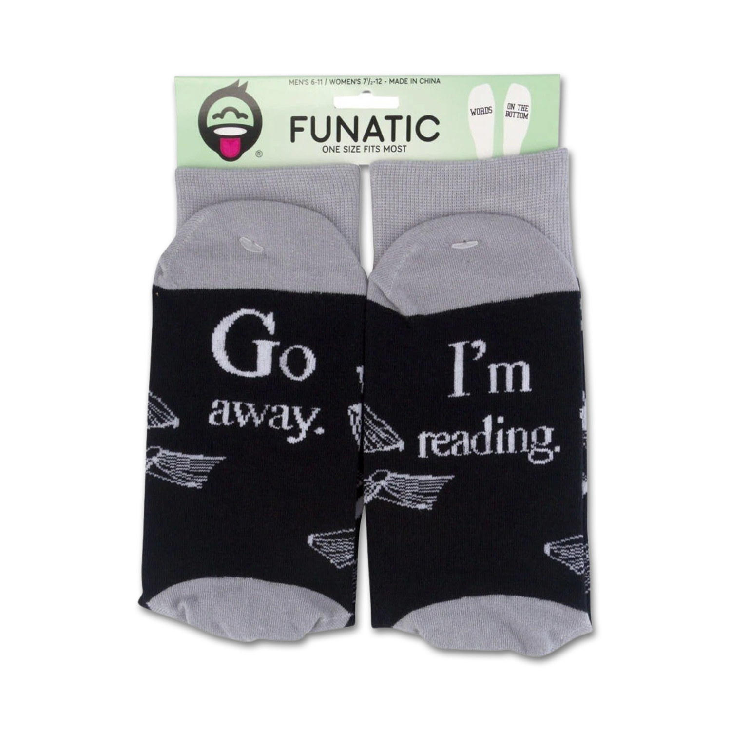 Product packaging of 'Go Away I'm Reading' socks showing the full design on both socks.