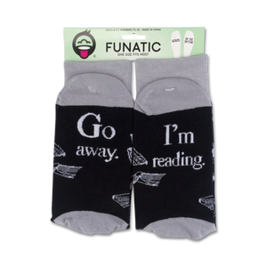 A pair of black socks with gray toes and heels. The socks have the words 