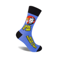 Crew socks in blue with a retro-style illustration of a man and the text 'Look At Me Gettin' All Married & Shit!'
