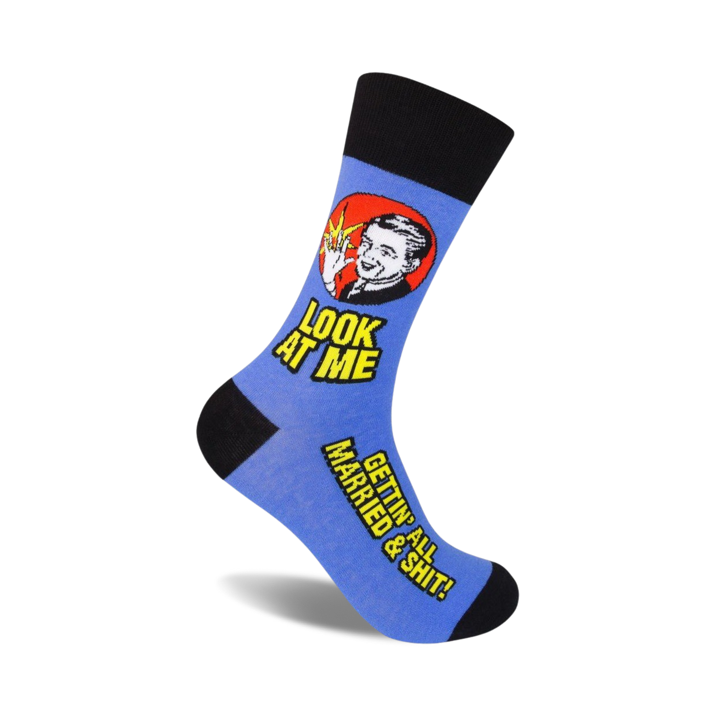 Crew socks in blue with a retro-style illustration of a man and the text 'Look At Me Gettin' All Married & Shit!'