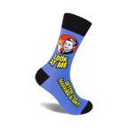 Crew socks in blue with a retro-style illustration of a man and the text 'Look At Me Gettin' All Married & Shit!'