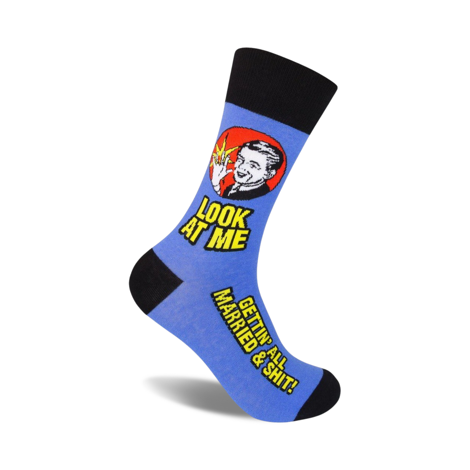 Crew socks in blue with a retro-style illustration of a man and the text 'Look At Me Gettin' All Married & Shit!'