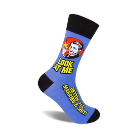 mens crew socks with cartoon man and 'look at me...getting' all married & shit' text   