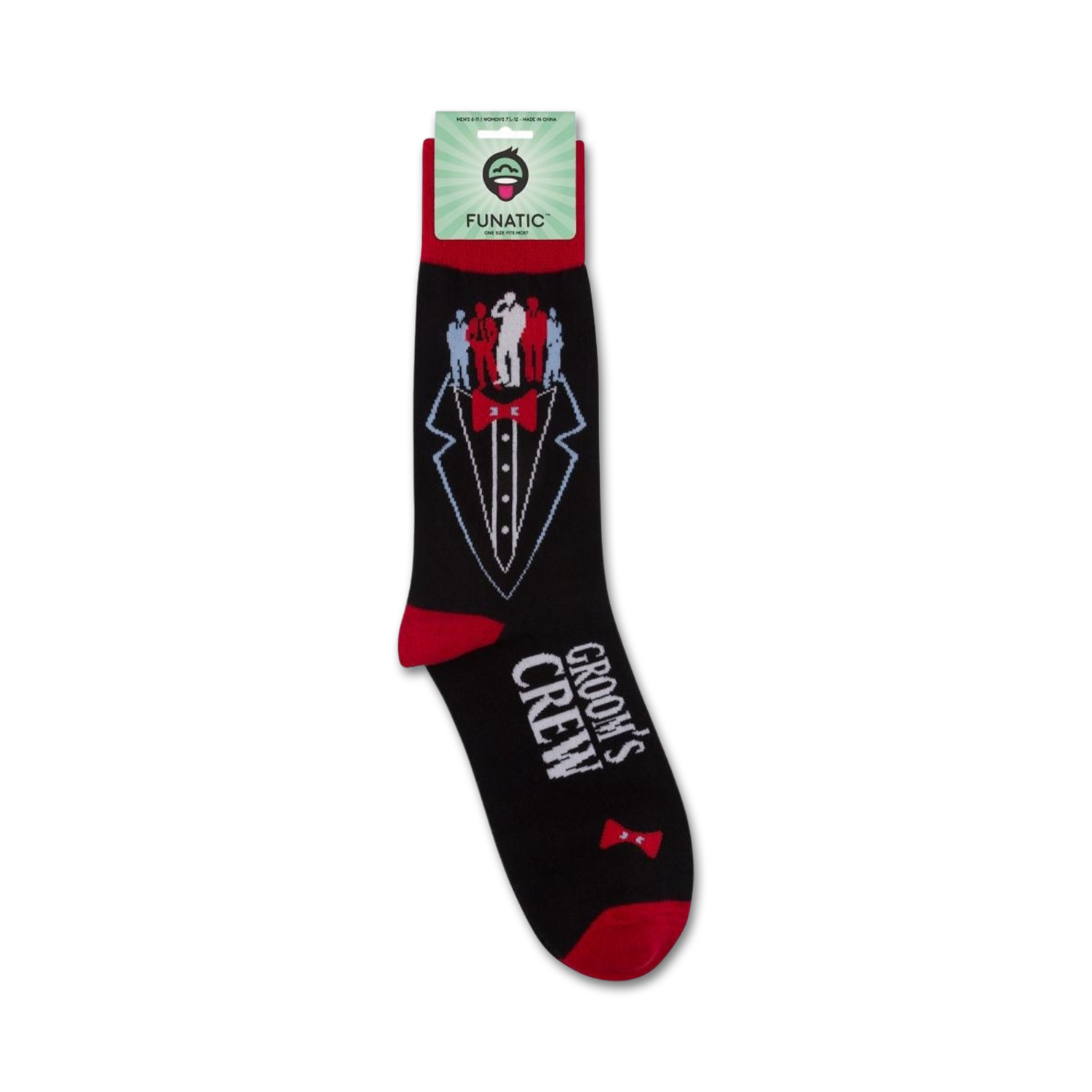 Product shot of Groom's Crew socks on packaging.
