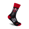 Black crew socks with red accents. Design features a tuxedo with small figures representing the groom's crew.