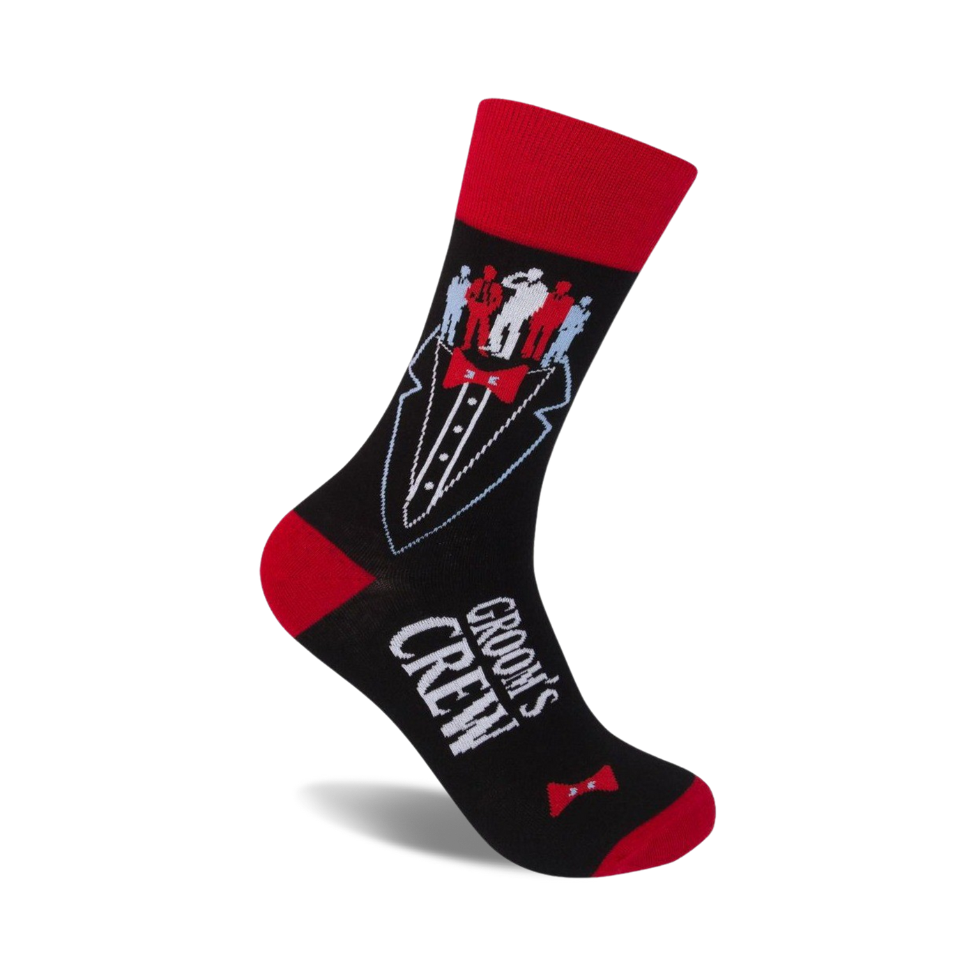 Black crew socks with red accents. Design features a tuxedo with small figures representing the groom's crew.
