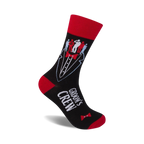 Black crew socks with red accents. Design features a tuxedo with small figures representing the groom's crew.