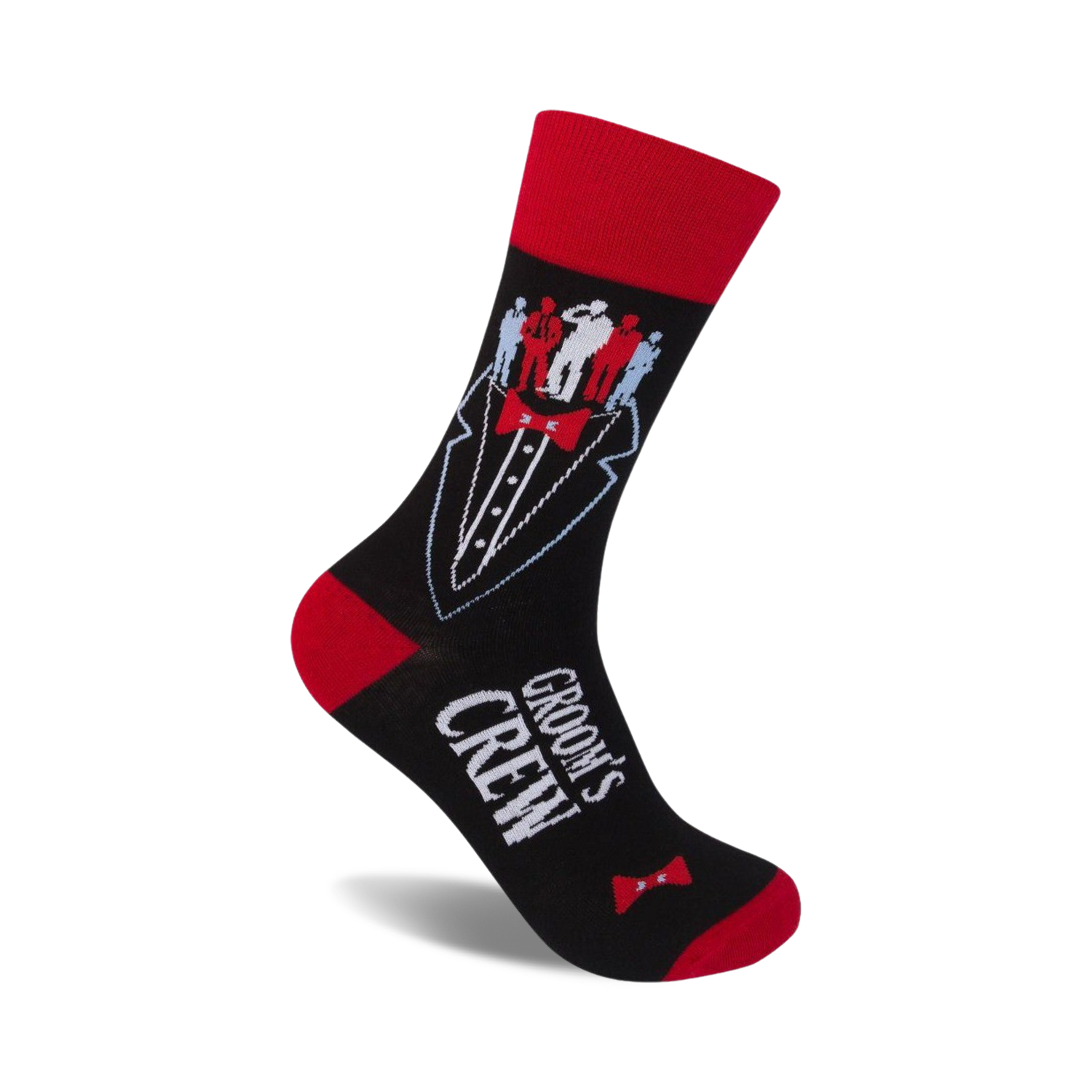 Black crew socks with red accents. Design features a tuxedo with small figures representing the groom's crew.