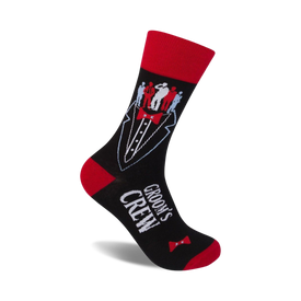 black crew socks with red toe and heel. groom's crew is printed in white. red bow tie and black pocket square printed on tuxedo silhouette.    