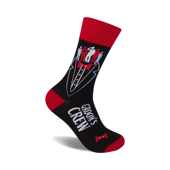 black crew socks with red toe and heel. groom's crew is printed in white. red bow tie and black pocket square printed on tuxedo silhouette.    