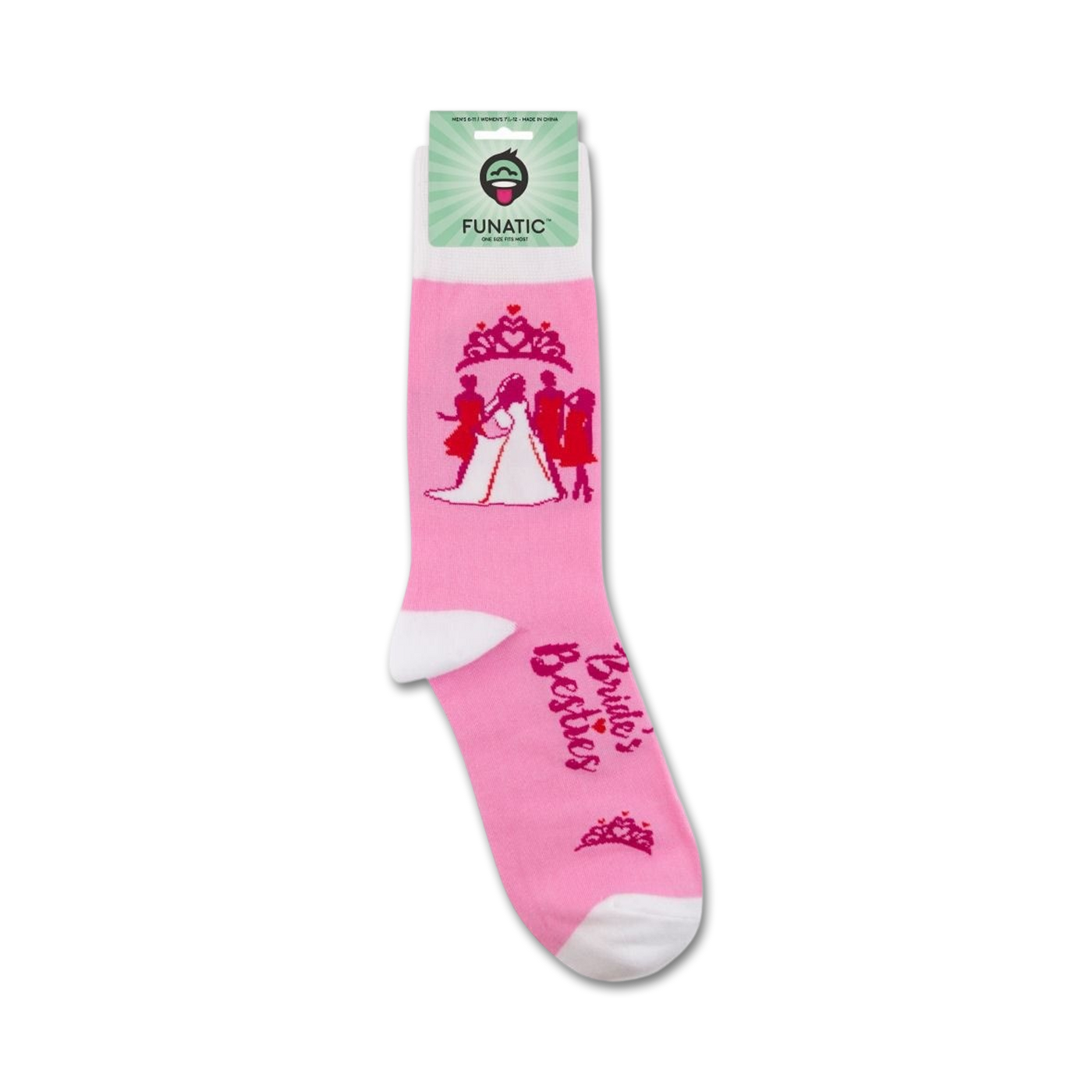 Product shot of 'Bride's Besties' socks on a retail packaging card.