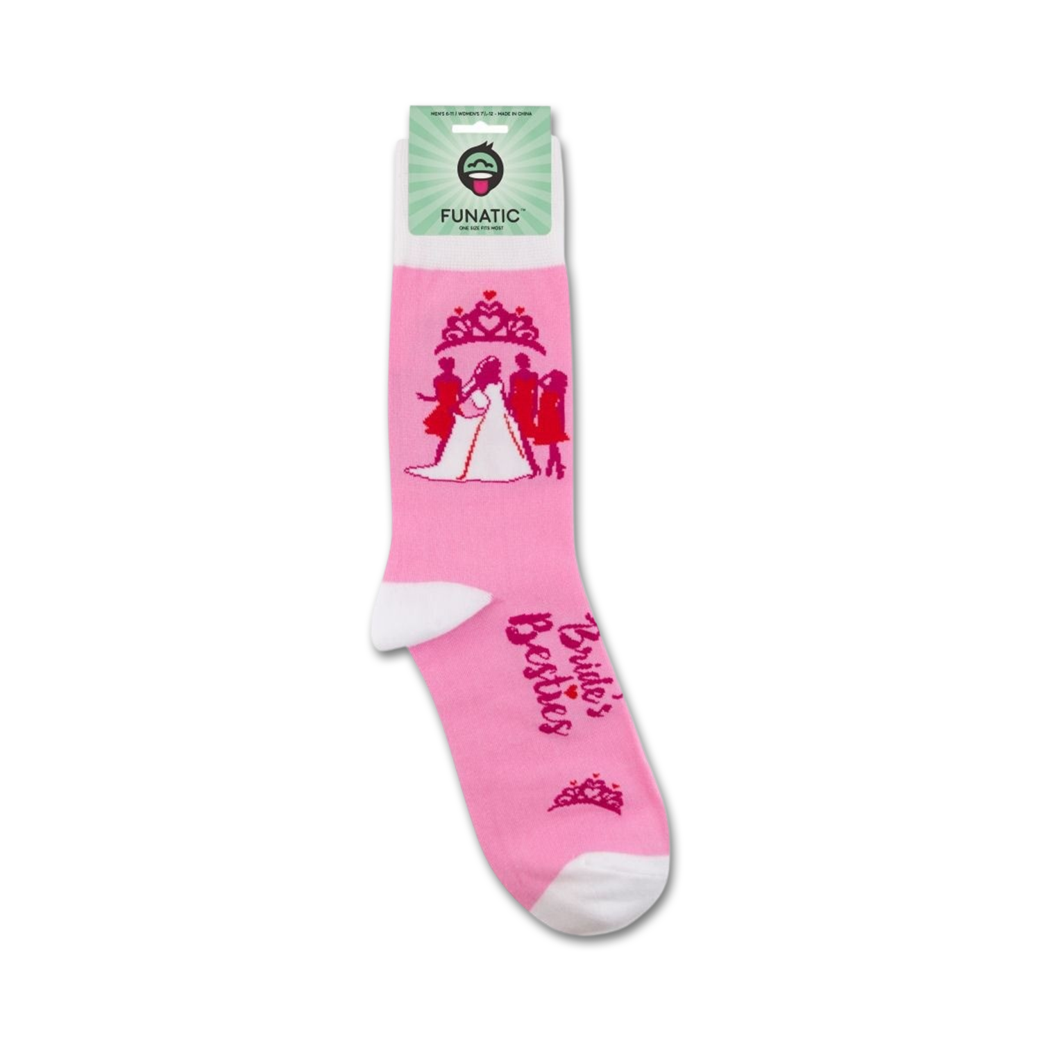 Product shot of 'Bride's Besties' socks on a retail packaging card.
