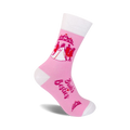 Pink crew socks with white cuffs. Features a bride and bridesmaids silhouette design, pink hearts, and 'Bride's Besties' text.