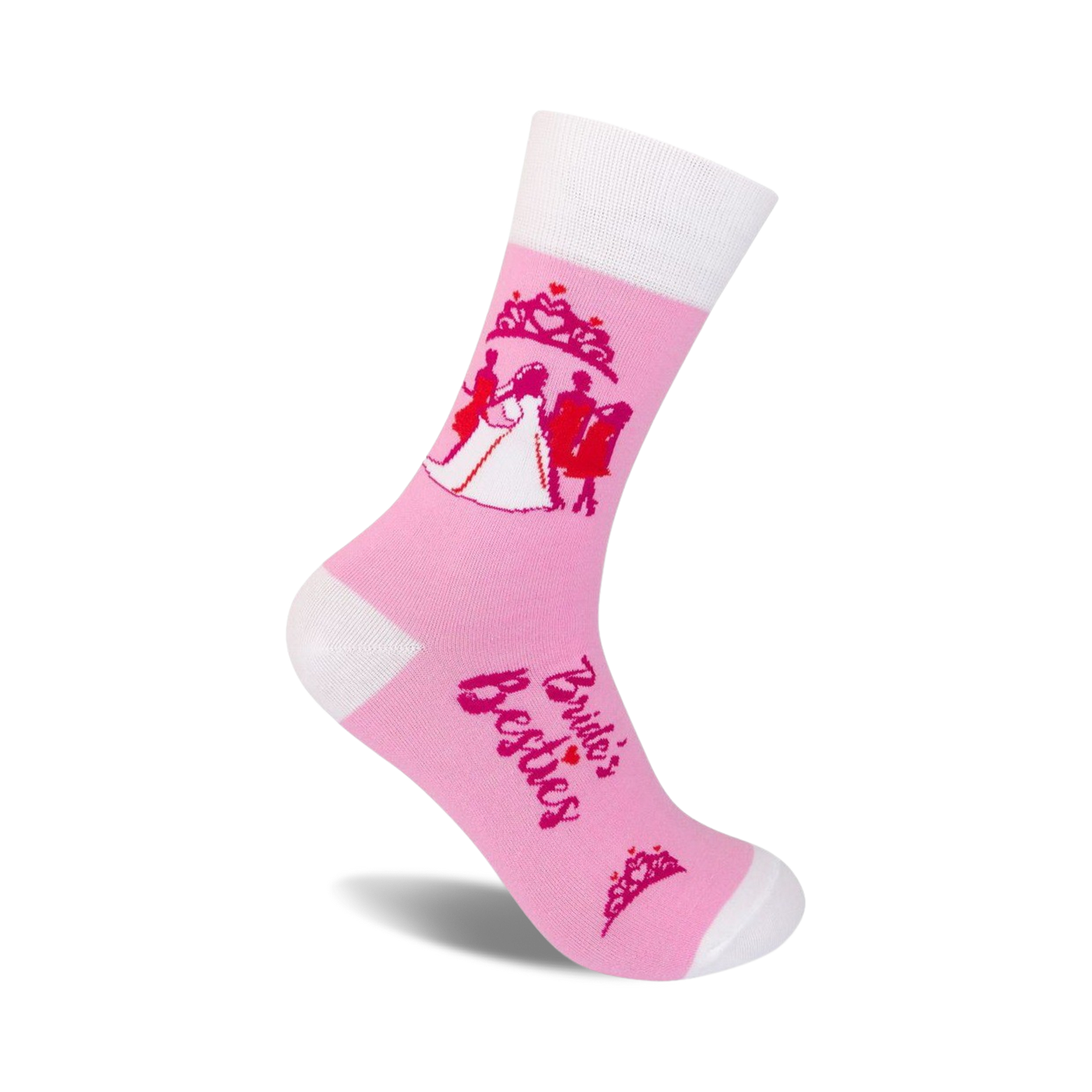 Pink crew socks with white cuffs. Features a bride and bridesmaids silhouette design, pink hearts, and 'Bride's Besties' text.