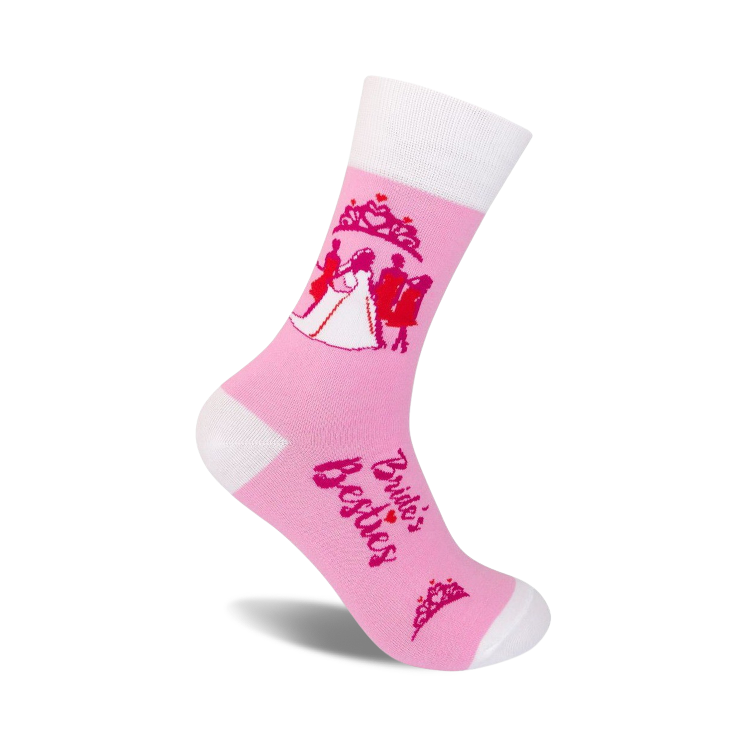 Pink crew socks with white cuffs. Features a bride and bridesmaids silhouette design, pink hearts, and 'Bride's Besties' text.