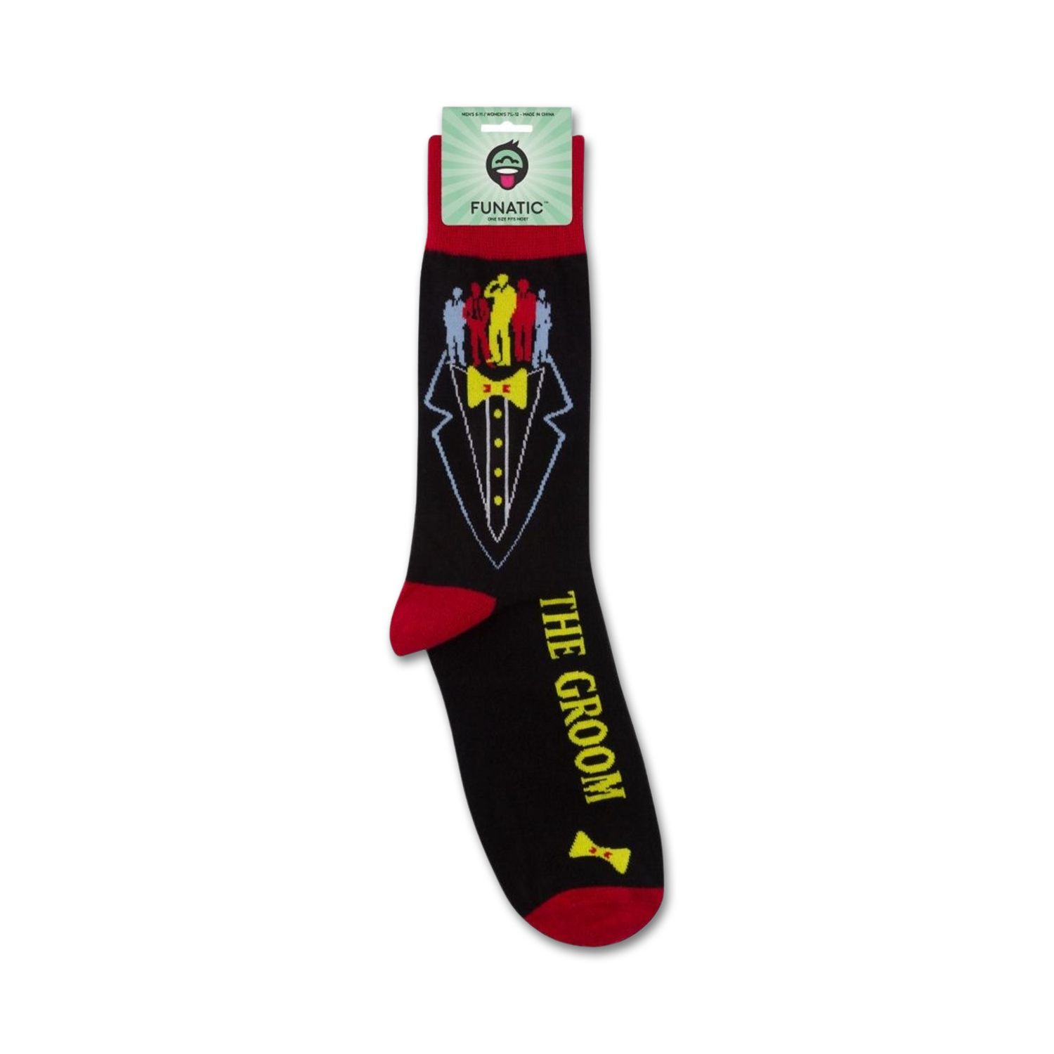 Product shot of 'The Groom' socks on a card, showing the full design and branding.
