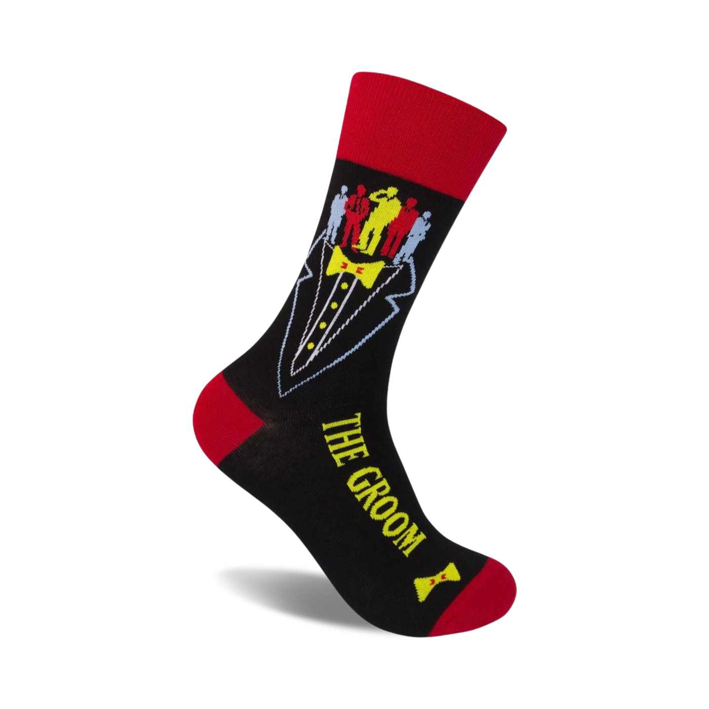 Black crew socks with a red cuff, featuring a tuxedo graphic and colorful groomsmen figures. Text reads 'The Groom'.