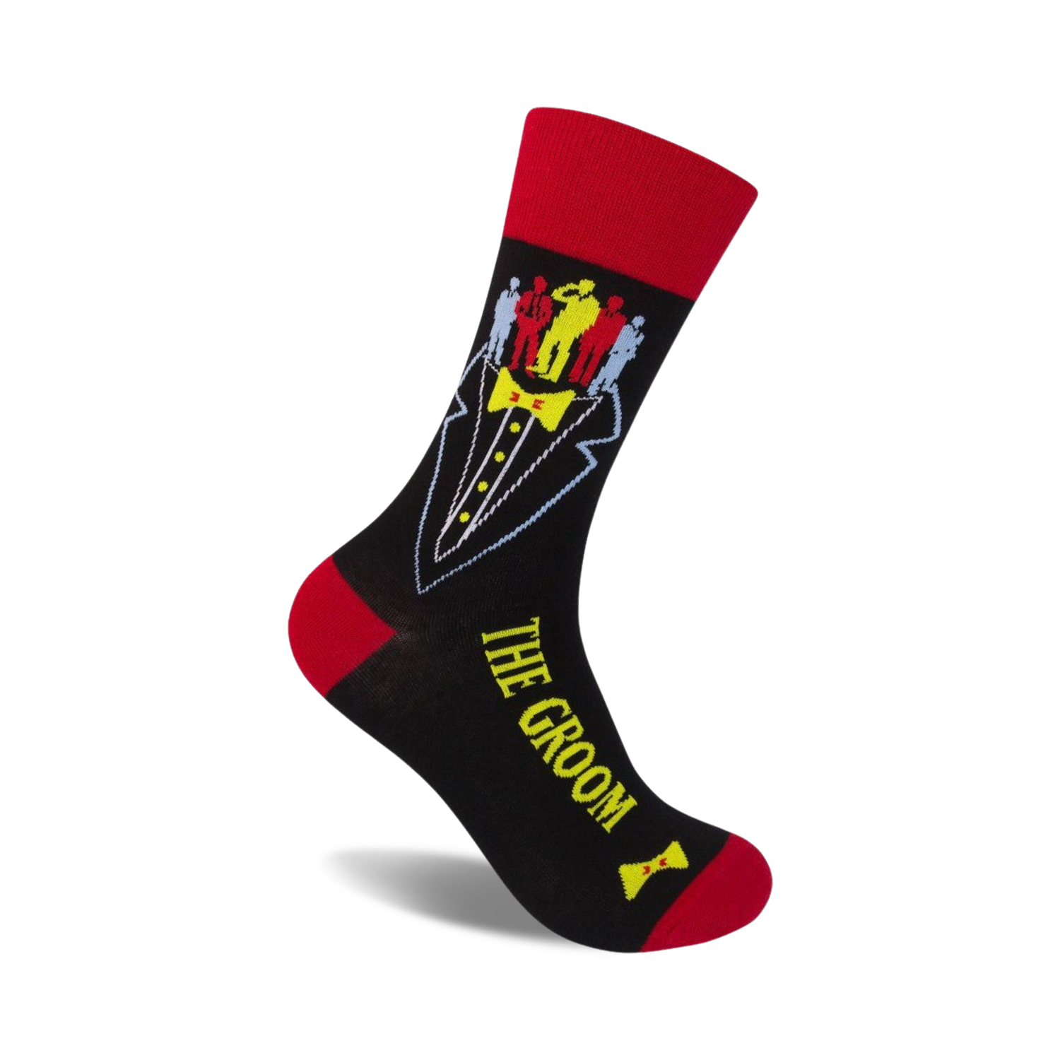 Black crew socks with a red cuff, featuring a tuxedo graphic and colorful groomsmen figures. Text reads 'The Groom'.