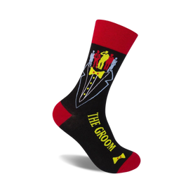 black crew socks with red trim and heel. tuxedo pattern with red bow tie on front. 4 men in black suits with red ties and yellow stick figures of groomsmen.   